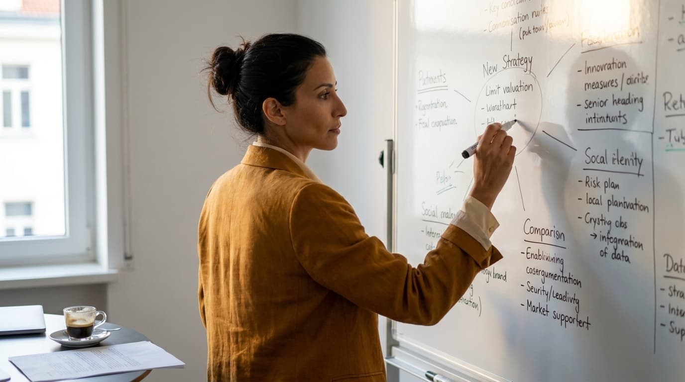 A professional woman in a mustard blazer writes on a whiteboard displaying business segmentation diagrams during a coaching s