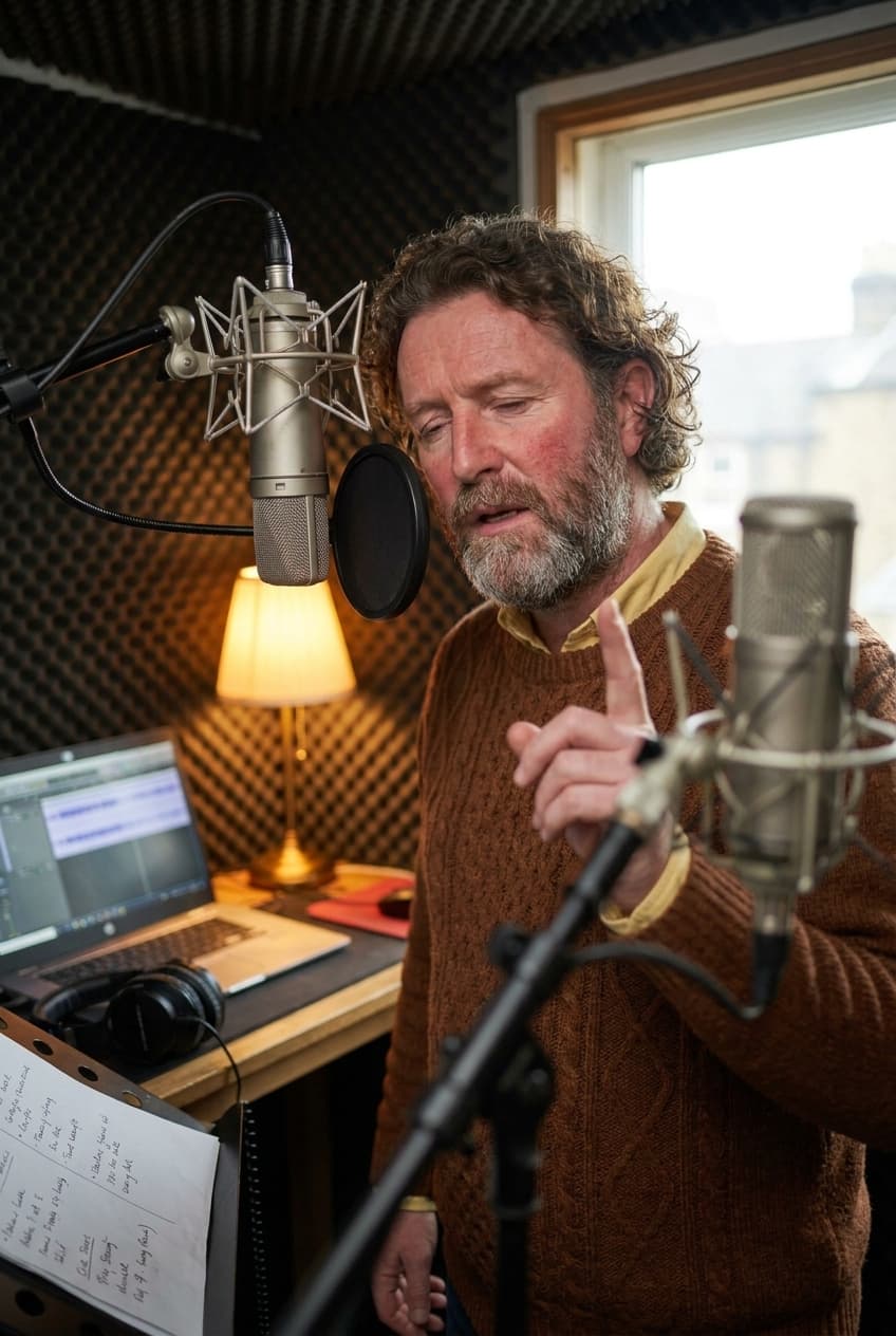 A bearded man records vocals in a professional studio, singing into a condenser microphone with focused intensity.
